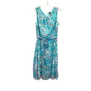 R&K Womens Sleeveless Floral Print Dress Belt Size 18 Aqua & Gray Zip Spring VTG